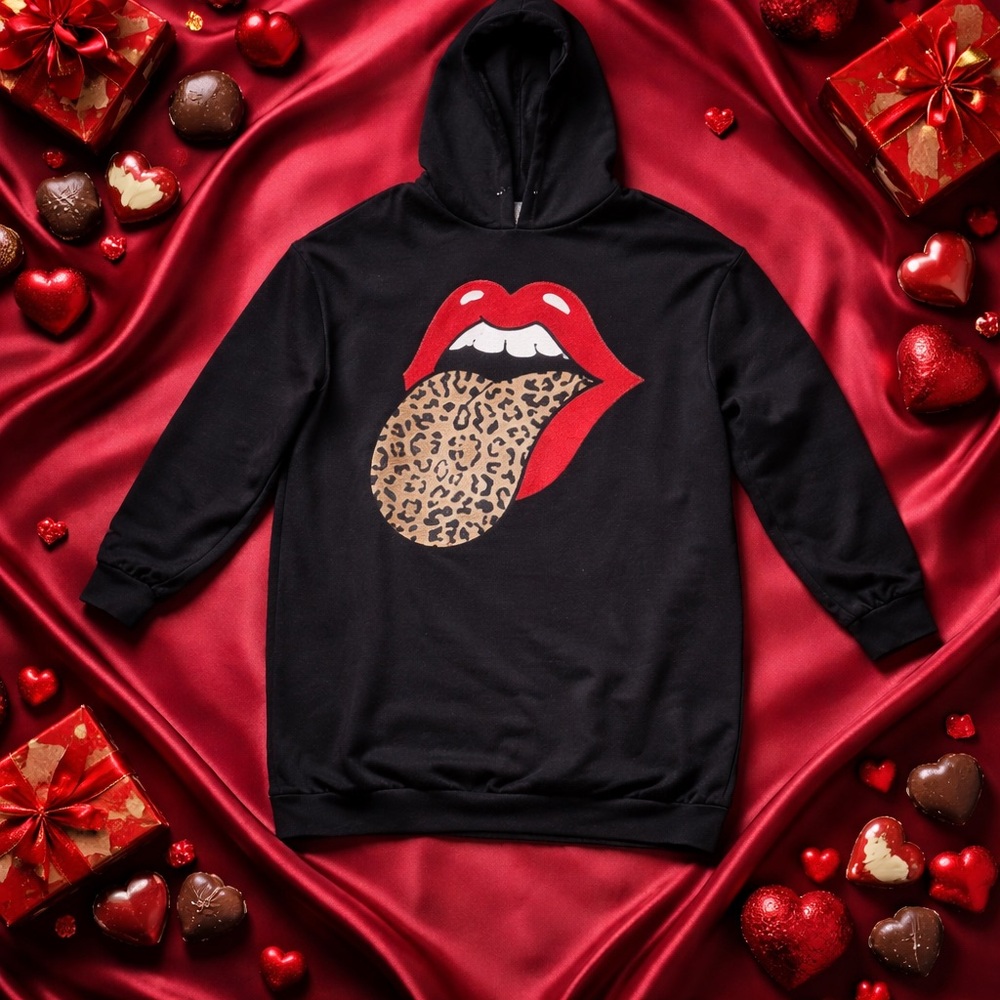 Black Hoodie with Red Lips and Leopard Tongue